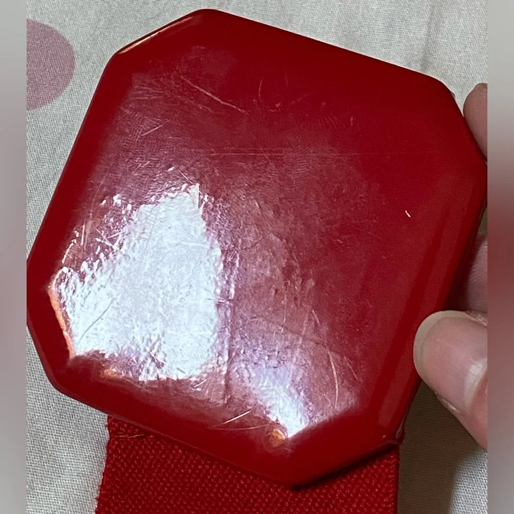 Vtg Red Octagonal Chunky Buckle Elastic Waist Belt